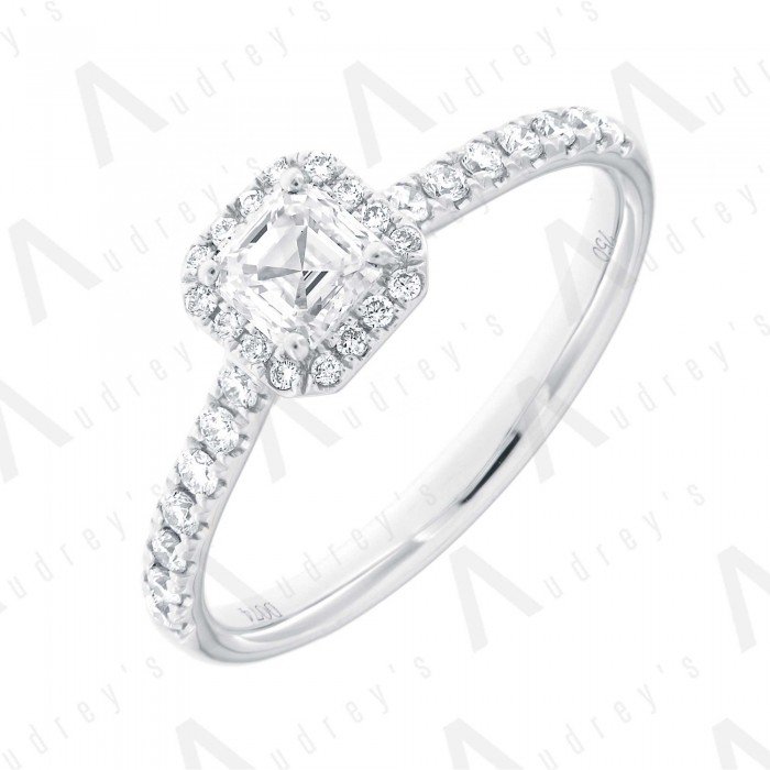 18K ASSCHER HALO DIAMOND RING 