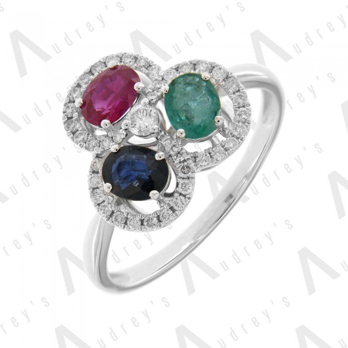 18K WHITE GOLD DIAMOND AND GEMSTONE RING