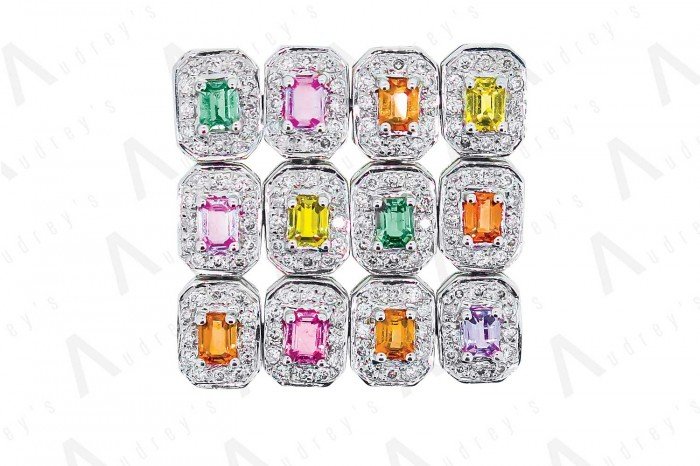 18K WHITE GOLD DIAMOND AND GEMSTONE PENDANT